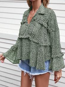 EURMUSE 滿版印花繫帶領荷葉袖襯衫 - 綠色 - 查看 3