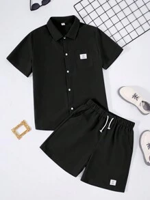 SHEIN Teen Boys' Casual Loose Fit Logo Woven Short Sleeve Shirt And Shorts Set - Black - View 3