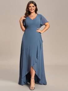 Plus Size V-Neck Asymmetrical Ruffle Hem Chiffon Dusty Blue Bridesmaid Dresses Fall Wedding Guest Dresses - Dusty Blue - View 5