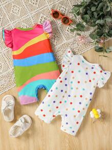 2入組寶寶女孩可愛塗鴉抽象印花荷葉邊連體衣套裝，休閒簡約風格，姊妹裝 - 彩色 - 查看 2