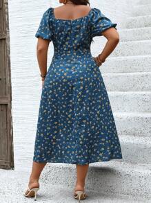 SHEIN LUNE 大尺碼女士時尚花卉印花短袖連衣裙 - 藍色 - 查看 2