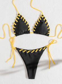 SHEIN Swim Women's Stylish Yellow Drawstring Two-Piece Bikini Set Summer Beach