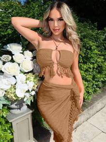 SHEIN SXY Resort Wear Beach Outfits Clothes Summer Clothes Women's Textured Fabric Fringe Tassels High Side Slit Skirt And Crop Top Two Pieces Set For Vacation