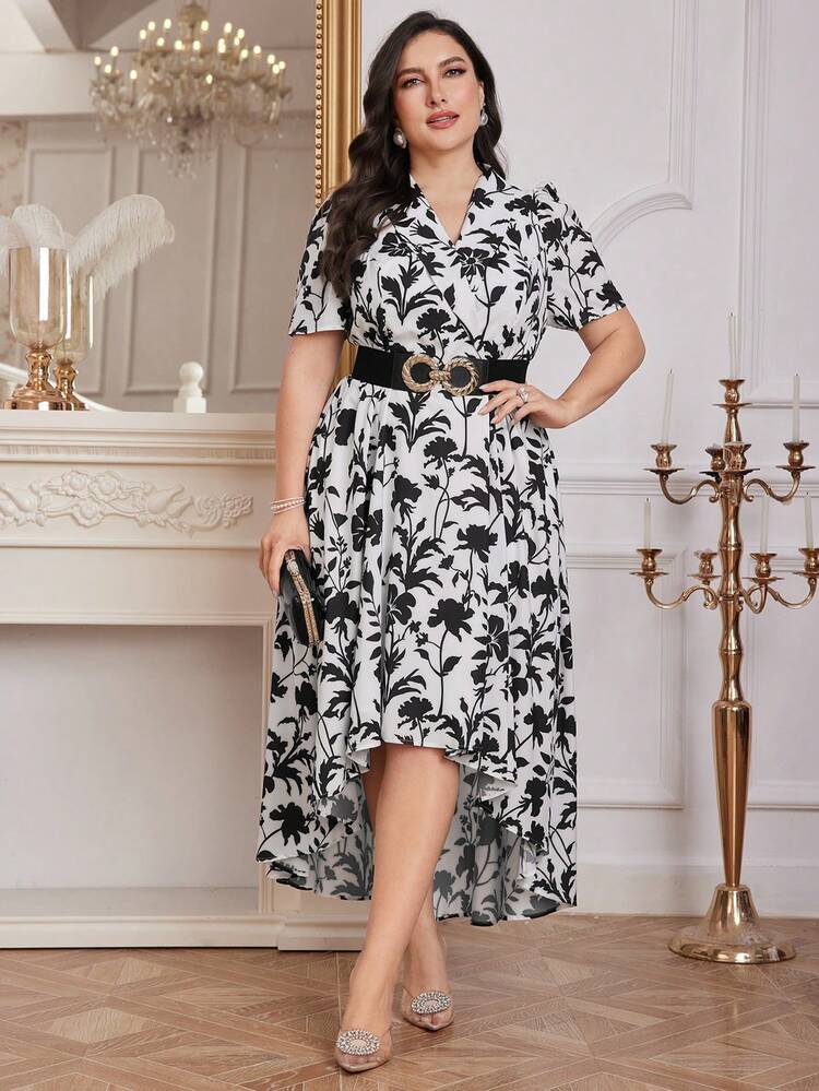 Plus Size Floral Printed High Low Hem Elegant Dress
