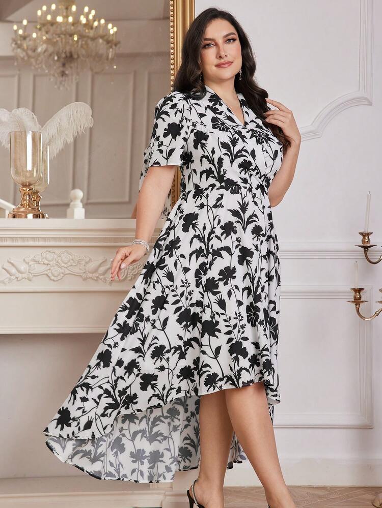 Plus Size Floral Printed High Low Hem Elegant Dress