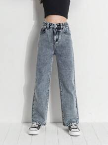 SHEIN 女孩高腰直筒牛仔褲 - 淺色水洗藍 - 查看 4