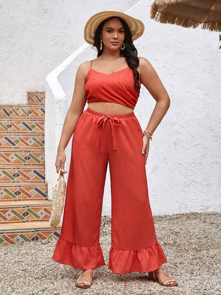 SHEIN VCAY Bộ áo crop top màu trơn cỡ lớn và quần ống rộng viền nhún bèo Bộ hai món - Gỗ đỏ - Xem 1