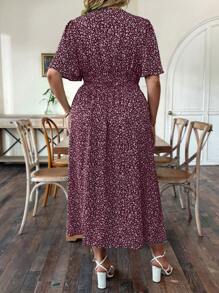 SHEIN Clasi Đầm tay ngắn xếp nếp hoa Boho phong cách nghỉ mát mùa hè cỡ lớn cho nữ màu đỏ tía - Màu Đỏ Sâu - Xem 2