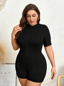 SHEIN Swim Curve Plus Size Short Sleeve Zipper Front One Piece Swimsuit With Short Sleeves, Summer Beach - Black - View 3