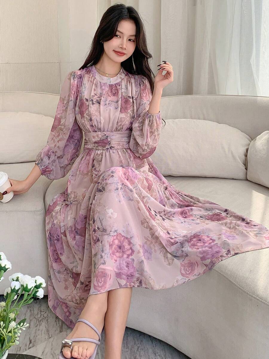 DAZY 女式花卉图案长袖假日风格连衣裙、秋季连衣裙 - 淡紫色 - 查看 1