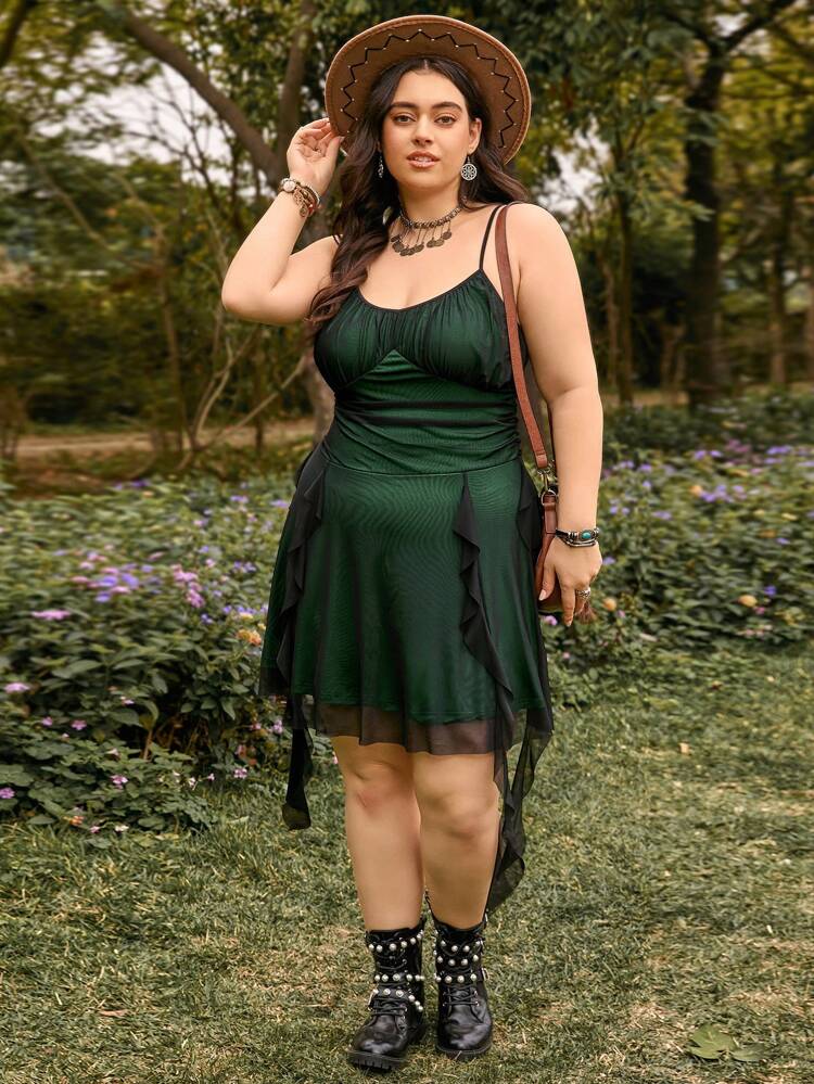 Plus Size Summer Casual Vacation Cami Dress With Frill Trim And Decoration, Suitable For Outdoor Activities