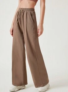 SHEIN BASICS Pantalones De Pierna Ancha Con Cintura Con Cordón De Terciopelo Y Bolsillos Inclinados - Marrón Mocha - Ver 3