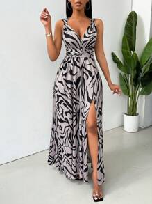 Chiquease 印花开衩下摆无袖露背夏季休闲连衣裙长款女装 - 彩色 - 查看 7