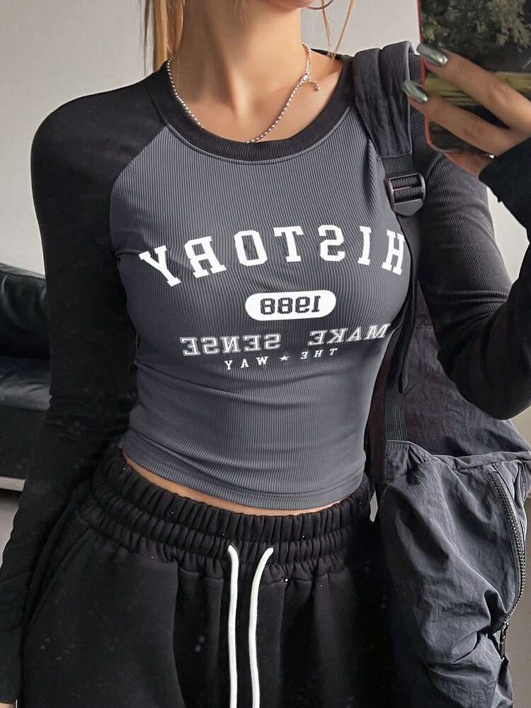 Color Block Raglan Sleeve Letter Print Round Neck Slim Fit Long Sleeve Women's T-Shirt Jersey,Fall Clothes Preppy Tops Graphic Tee