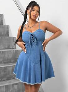 SHEIN ICON Plus Size Women's Denim Tie Shoulder Strap Dress With Frayed Hem - Blue - View 1