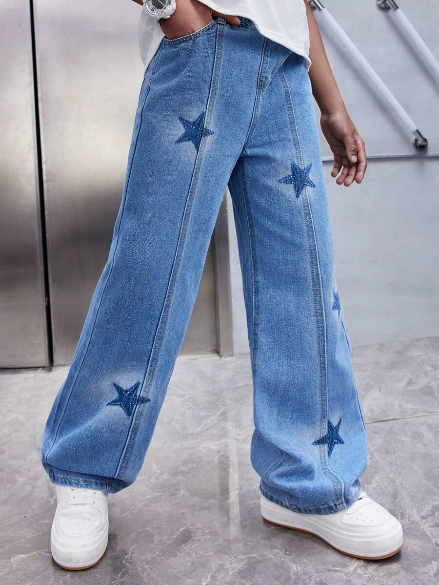SHEIN Tween Boy Water-Washed Casual Fashionable Star Pattern Denim Pants - Blue - View 1