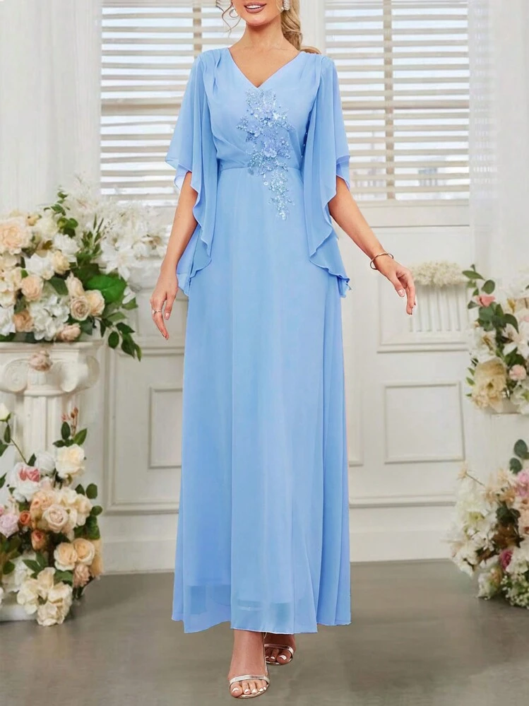 SHEIN Belle Women's V-Neck Romantic And Elegant Wedding Dress With Floral Applique And Ruffled Sleeves Formal Evening Prom Wedding Guest Gown, For Graduation, Dinner - Baby Blue - View 5