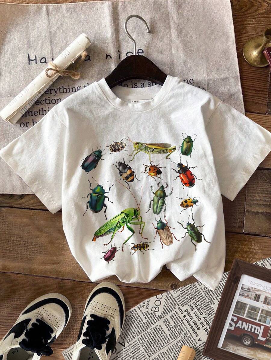 SHEIN Áo thun tay ngắn cổ tròn in họa tiết côn trùng đơn giản, trẻ trung, thoải mái, chất liệu cotton pha trộn, thích hợp cho mùa hè - trắng - Xem 1