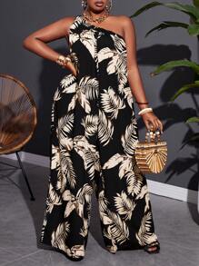 SHEIN CURVE+ Mono de palma de talla grande con estampado de hojas y un solo hombro, de pierna ancha para vacaciones y ropa informal - Multicolor - Ver 1