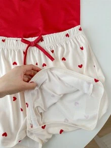 SHEIN Leap Crew Teen Girl 3 cái/bộ Áo ba lỗ dệt kim hình trái tim + Quần + Quần short Homewear cho mùa hè - Đỏ và trắng - Xem 8