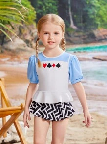 Young Girl Poker Print Round Neck Short Puff Sleeve Tankini Set Summer Beach - Black and White - View 3