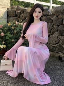 DAZY 全印花蝴蝶结情人节粉色扎染渐变长袖连衣裙，女式，荷叶边，返校服，秋季连衣裙