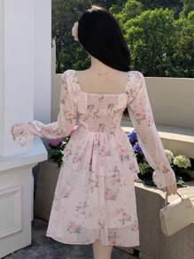 DAZY Đầm dài tay in họa tiết hoa xếp nếp cho nữ, váy suông Milkmaid, váy ngắn - Màu Hồng baby - Xem 5