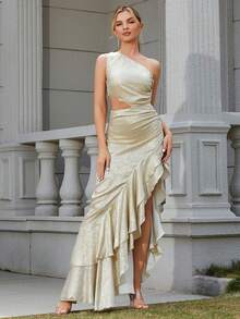 LOVE&LEMONADE One Shoulder Asymmetric Ruffle Hem Pleated Dress - Gold - View 5