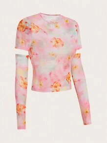 SHEINNeu Top De Manga Corta Y Manga De Brazo Transparente Para Mujer Kidcore Dopamine Con Estampado Floral De Malla