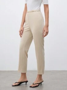SHEIN Unity 女性時尚夏季純色9/10長度萬用通勤褲 - 卡其色 - 查看 5