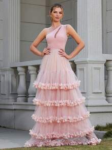 LOVE&LEMONADE Damen Abendkleid mit einer Schulter, Cut-outs, rosa, ärmellos, mehrlagigem Tüll und 3D-Blumendekor am Saum - Pink - Übersicht 6