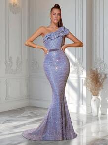 ADYCE Women's One-Shoulder Ruffle Sequin Solid Party Dress - Grey - View 1