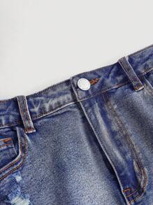 SHEIN Teen Girl High Elasticity Distressed Denim Shorts, Water Washed - Light Wash - View 3