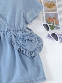 Váy denim mềm mại cho bé gái có túi hình trái tim được giặt bằng nước, tay áo bong bóng và khuy - Rửa trung bình - Xem 5