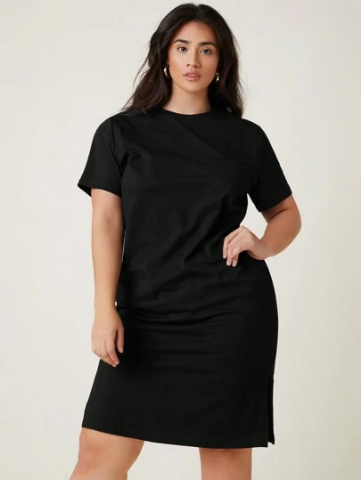 SHEIN BASICS Plus Split Hem Solid Tee Casual Dinner Dating Dress/ Summer