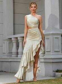 LOVE&LEMONADE One Shoulder Asymmetric Ruffle Hem Pleated Dress - Gold - View 1