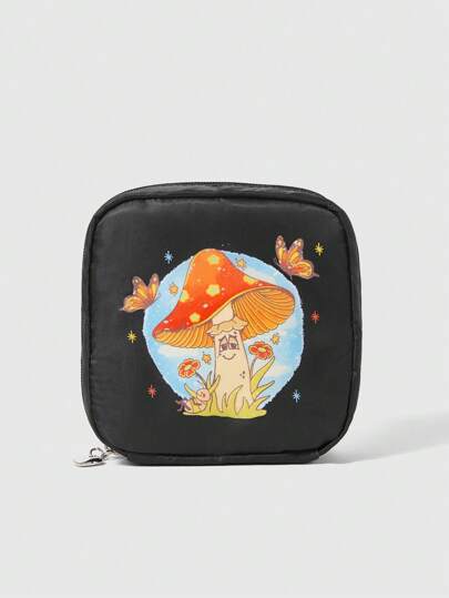Mystic Sunshine Fashionable Cartoon Style Funny Mushroom, Cloud & Butterfly Printed Large Capacity Portable Cosmetic Bag With Thick Interlayer & Padding 103749