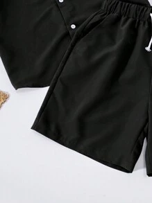 SHEIN Teen Boys' Casual Loose Fit Logo Woven Short Sleeve Shirt And Shorts Set - Black - View 6