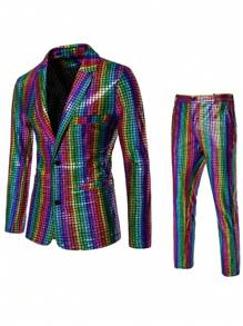 2pcs Men's Plaid Color Block Suit Jacket And Pants Set