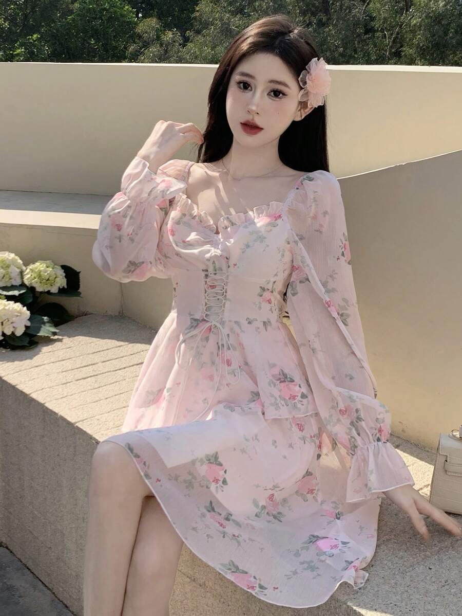 DAZY Đầm dài tay in họa tiết hoa xếp nếp cho nữ, váy suông Milkmaid, váy ngắn - Màu Hồng baby - Xem 1