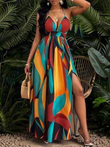 BamGleam Graphic Print Backless Summer Cami Floral Beach Dress For Women (Random Print) For New Year Clothes Maxi Women Outfit - Red - View 1