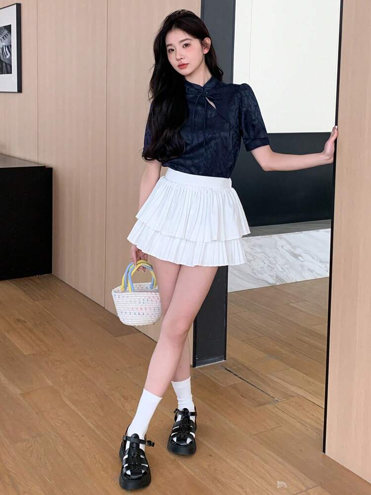 Women's Mandarin Collar Short Sleeve Shirt With Traditional Chinese Qipao Dress Design Summer,Ruffle