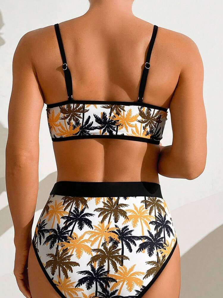 Women's Split Bikini Set With Coconut Tree Print Color Block Edging Bralette And Swim Shorts Summer
