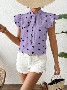 Breezaya Của phụ nữ In Trái tim áo tay bướm Tie Trước Áo sơ mi , Mùa xuân/Mùa hè - Màu tím - Xem 3