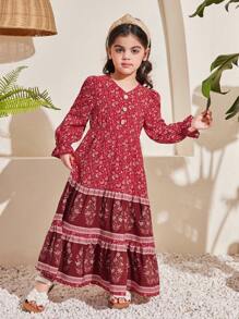 SHEIN Young Girl Loose Vacation Style Plant Printed Dress With Ruffled Sleeves And V-Neck - Burgundy - View 5