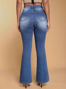 SHEIN BAE 女款有口袋和毛邊設計喇叭牛仔褲 - 藍色 - 查看 2