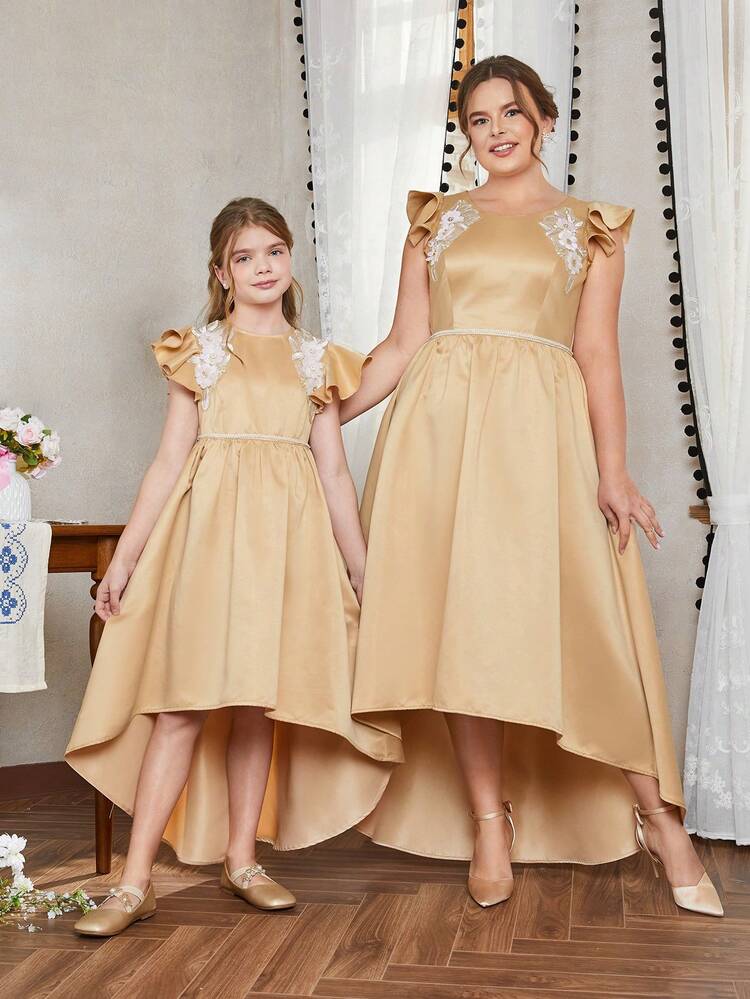 Tween Girls' Round Neck Asymmetrical Hemline Dress With Ruffled Sleeves And Flower Decoration On Shoulders