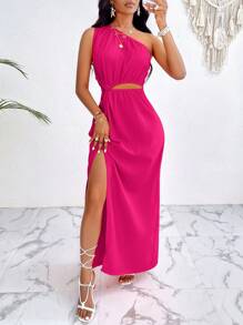 VaVaBold Solid Color Asymmetrical Collar One Shoulder Cutout Knot Split Thigh Drawstring Summer Women Beach Dress