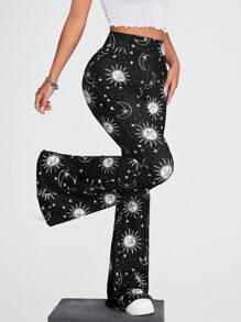 Coolane Sun & Moon Print Flare Leg Trousers - Black - View 3