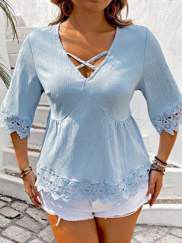 Plus Size Women's Lace Patchwork Shirt With Crossed Neckline